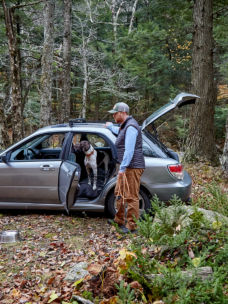 A man in the woods with his dog sitting inside his car